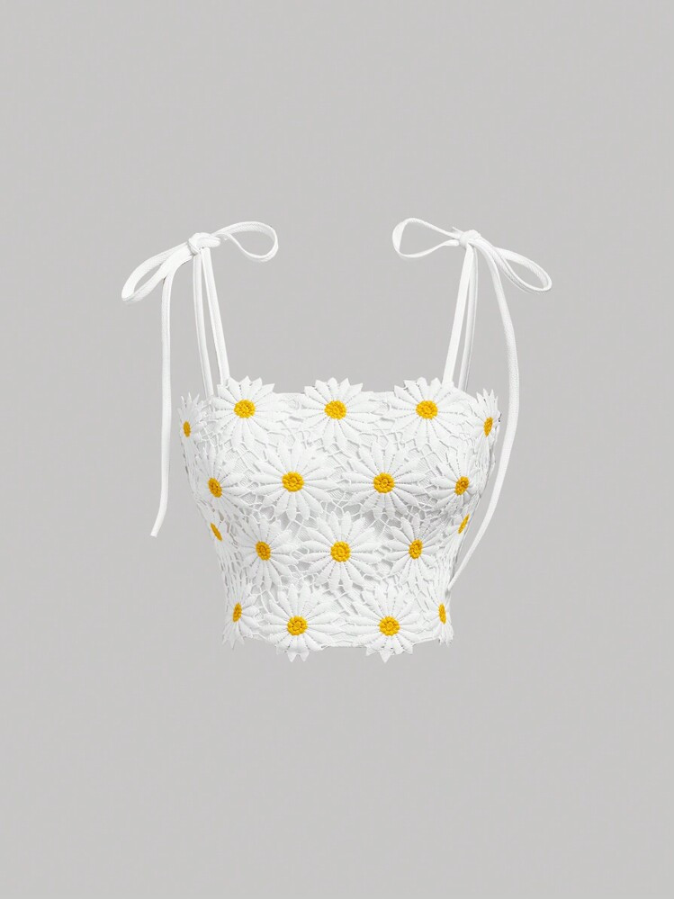 SHEIN MOD Ladies Daisy Floral Guipure Lace Cami Top For Summer,White Daisy Embroidered Lace Crop Top With Tie Straps, For Wedding Party, Garden Gathering, Picnic, Spring Summer, Outdoor, Shower, Boho, Feminine, Floral, Soft, Event, Statement, Brunch, Cute, Youthful, Anniversary, Elegant, Resort | SHEIN
