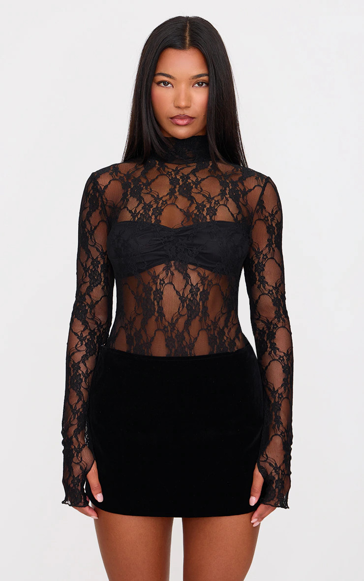 Black Lace High Neck Long Sleeve Bodysuit | PrettyLittleThing UK