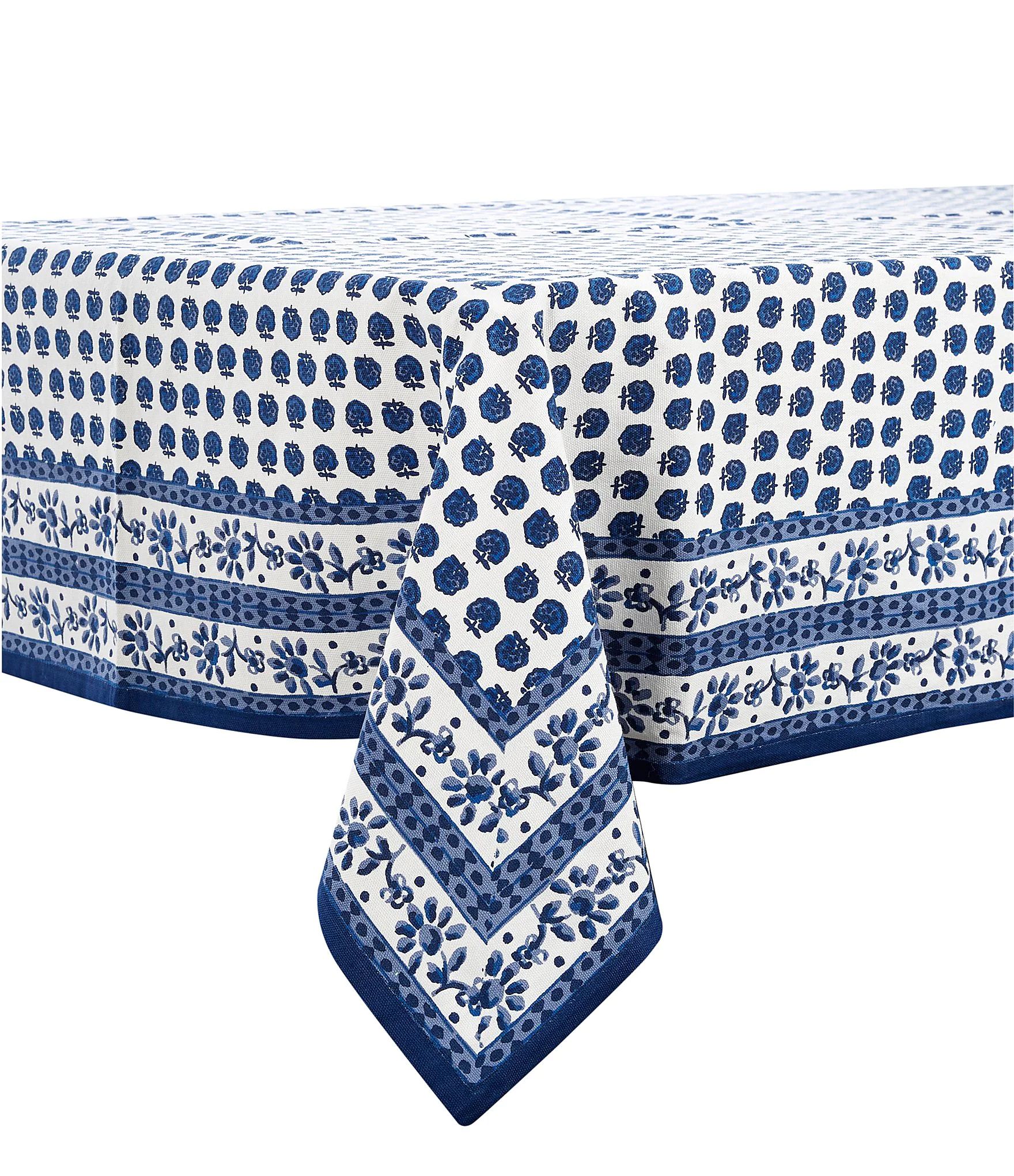 Blue Floral Block Print Tablecloth | Dillards