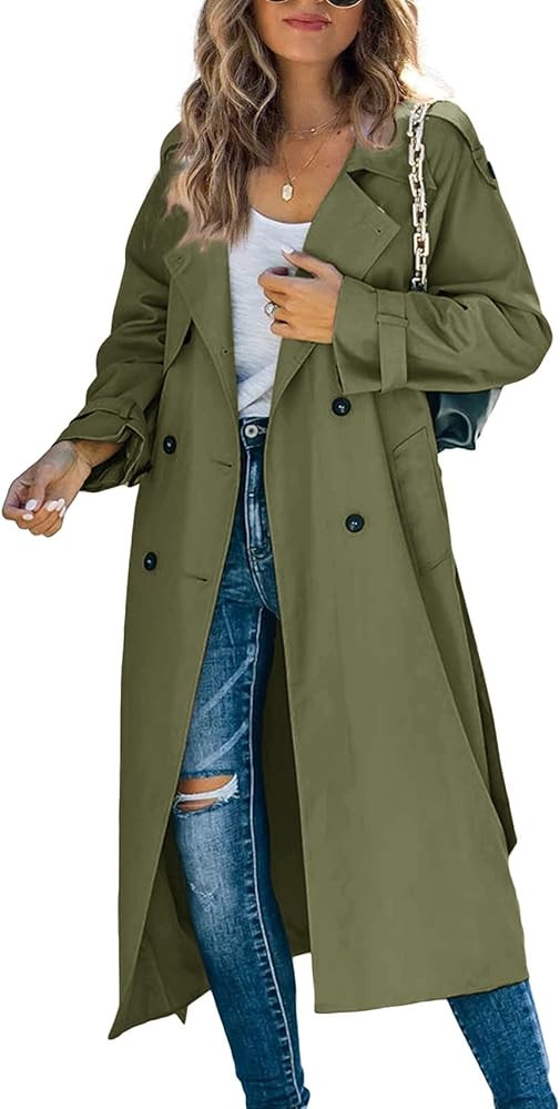 Makkrom Women's Double Breasted Long Trench Coat Windproof Classic Lapel Slim Overcoat with Belt | Amazon (US)