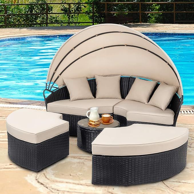 Walsunny Patio Furniture Outdoor Lawn Backyard Poolside Garden Round Daybed with Retractable Cano... | Amazon (US)