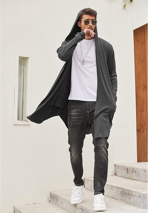 COOFANDY Men's Long Hooded Cardigan Shawl Collar Lightweight Open Front Drape Cape Overcoat with ... | Amazon (US)