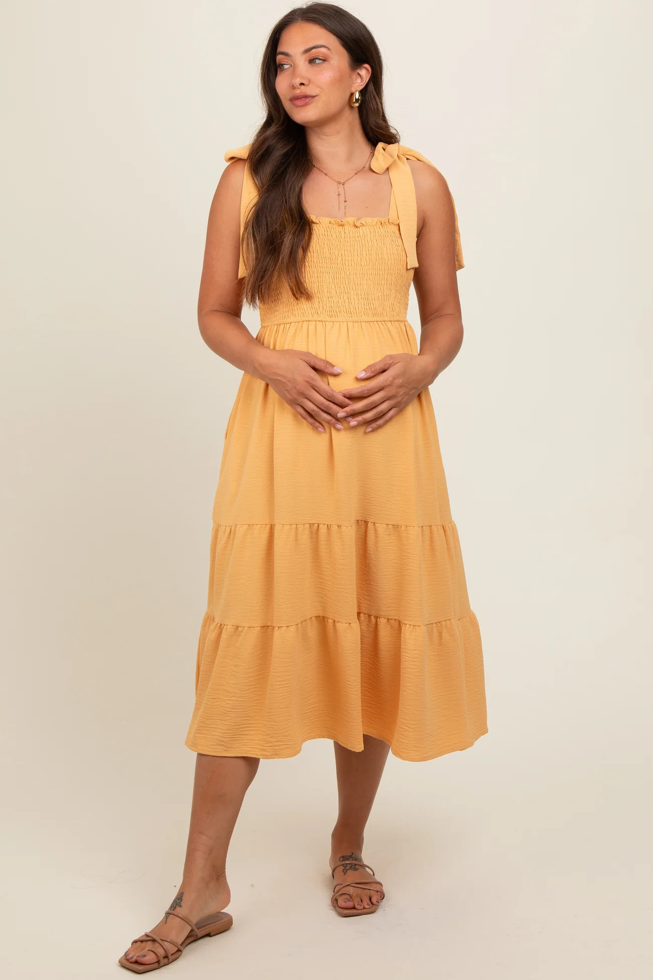 Yellow Smocked Tie Strap Tiered Maternity Midi Dress | PinkBlush Maternity