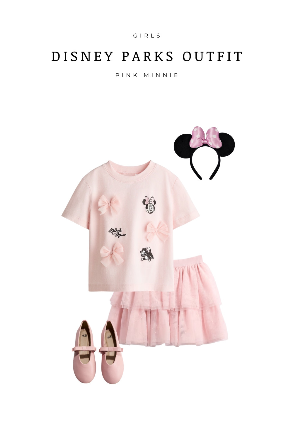 Pink Minnie inspired Disney Parks outfit for girls. This sweet look features a light pink Minnie Mouse tee with bow details, a layered pink tulle skirt, classic Minnie ears headband, and matching pink Mary Jane flats. Perfect for a Disney Parks day, character photos, or a Disney cruise outfit for kids. Soft pastel Disney style that is comfortable for walking the parks while still feeling extra magical.