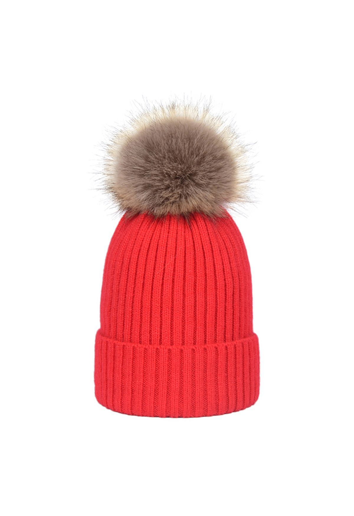 Pom-Pom Ribbed Knit Beanie Hat in Red | Chicwish