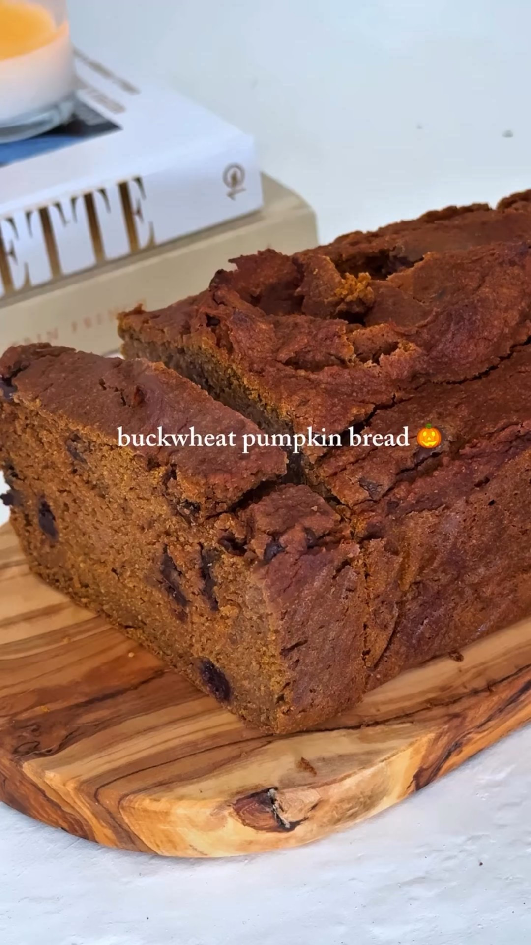 gf buckwheat pumpkin bread 🎃↓ the coziest recipe you absolutely need this fall…🍂

1 can pumpkin purée
1/3 cup butter, melted and cooled (can sub coconut oil for dairy free)
2 eggs, whisked
1/2 cup maple syrup  
1 tsp vanilla extract  
2/3 cup buckwheat flour
1 cup almond flour
1/3 cup 1:1 gf flour (or tapioca or arrowroot starch)
1 1/2 tsp cinnamon 
1 tsp nutmeg
1/4 tsp cloves
2 1/2 tsp pumpkin pie spice
1/2 tsp sea salt 
1 tsp baking soda 
1/2 cup chocolate chips 

preheat oven to 350°. 

mix the first five ingredients together well. Whisk in all dry ingredients & spices, & combine thoroughly. Fold in chocolate chips until evenly distributed. Adjust spices & salt to taste! 

bake for 45-55 minutes, or until a toothpick comes out clean. Let cool for 15 minutes before slicing. enjoy!🍁