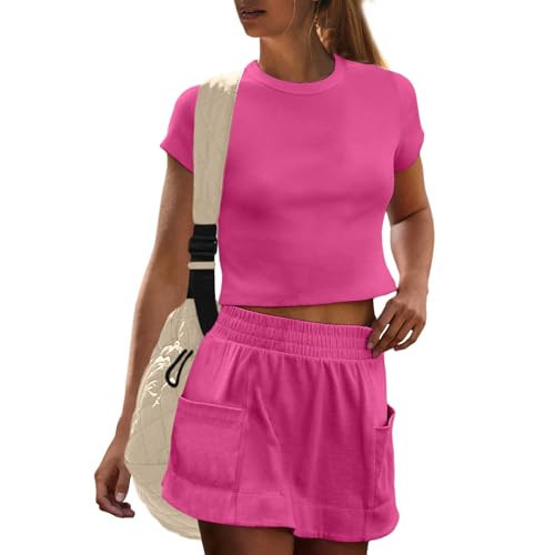 UNIANKIYA Womens 2 Piece Skirt Set Short Sleeve Crop Tops and Athletic Skirt with Shorts Workout Matching Sets Summer Outfits | Amazon (US)