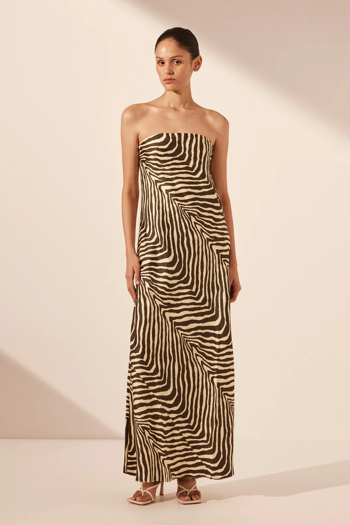 Sana Silk Strapless Bias Maxi Dress | Bone/Chocolate | Dresses | Shona Joy | Shona Joy