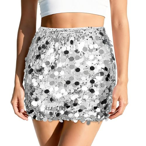 Nexxion Sequin Skirt for Women Sparkly Sexy Mini Skirt Stretchy Bodycon Glitter Skirts Night Out Party,Silver,XL | Amazon (US)