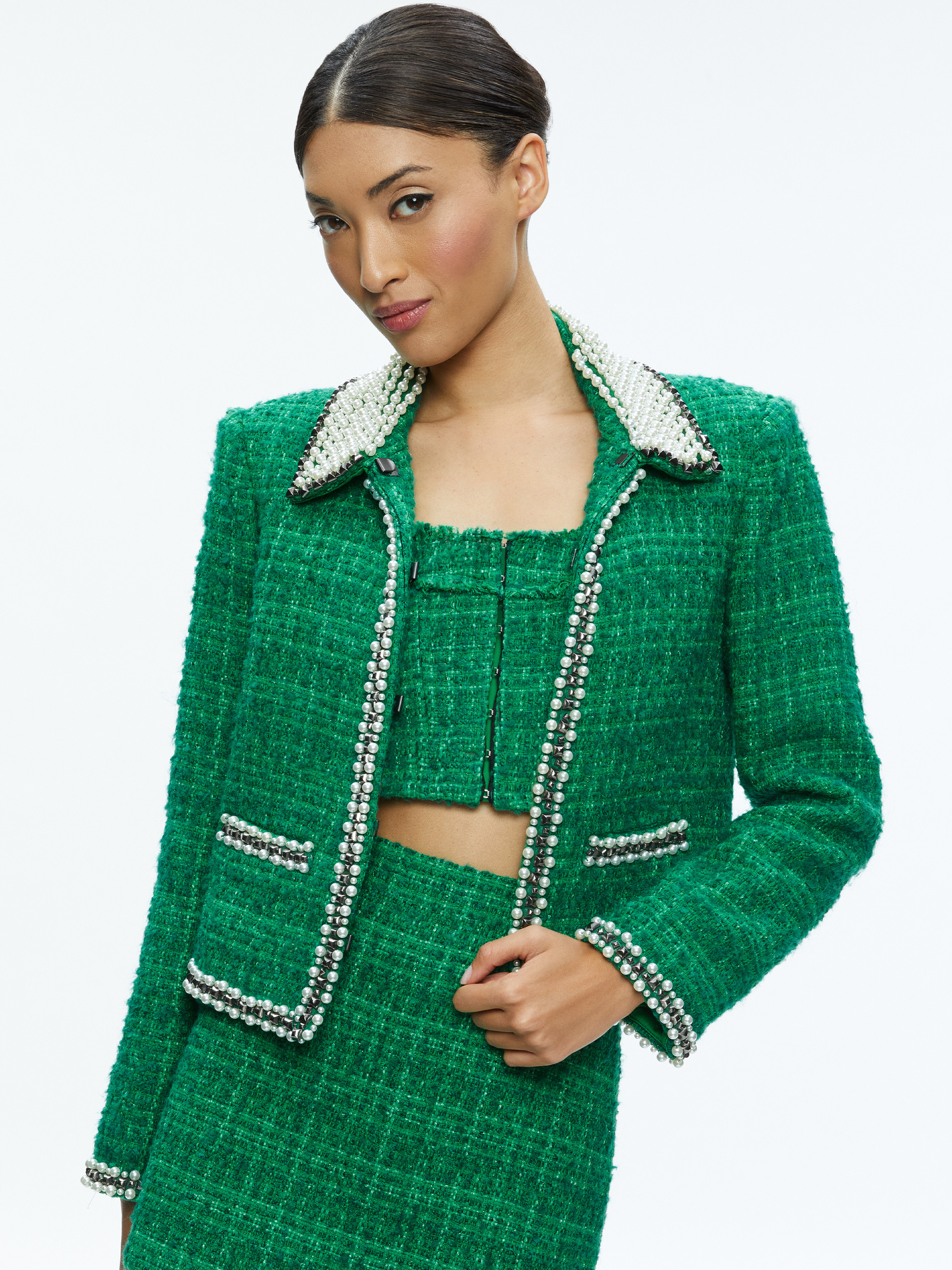 KIDMAN PEARL EMBELLISHED COLLARED JACKET | Alice + Olivia