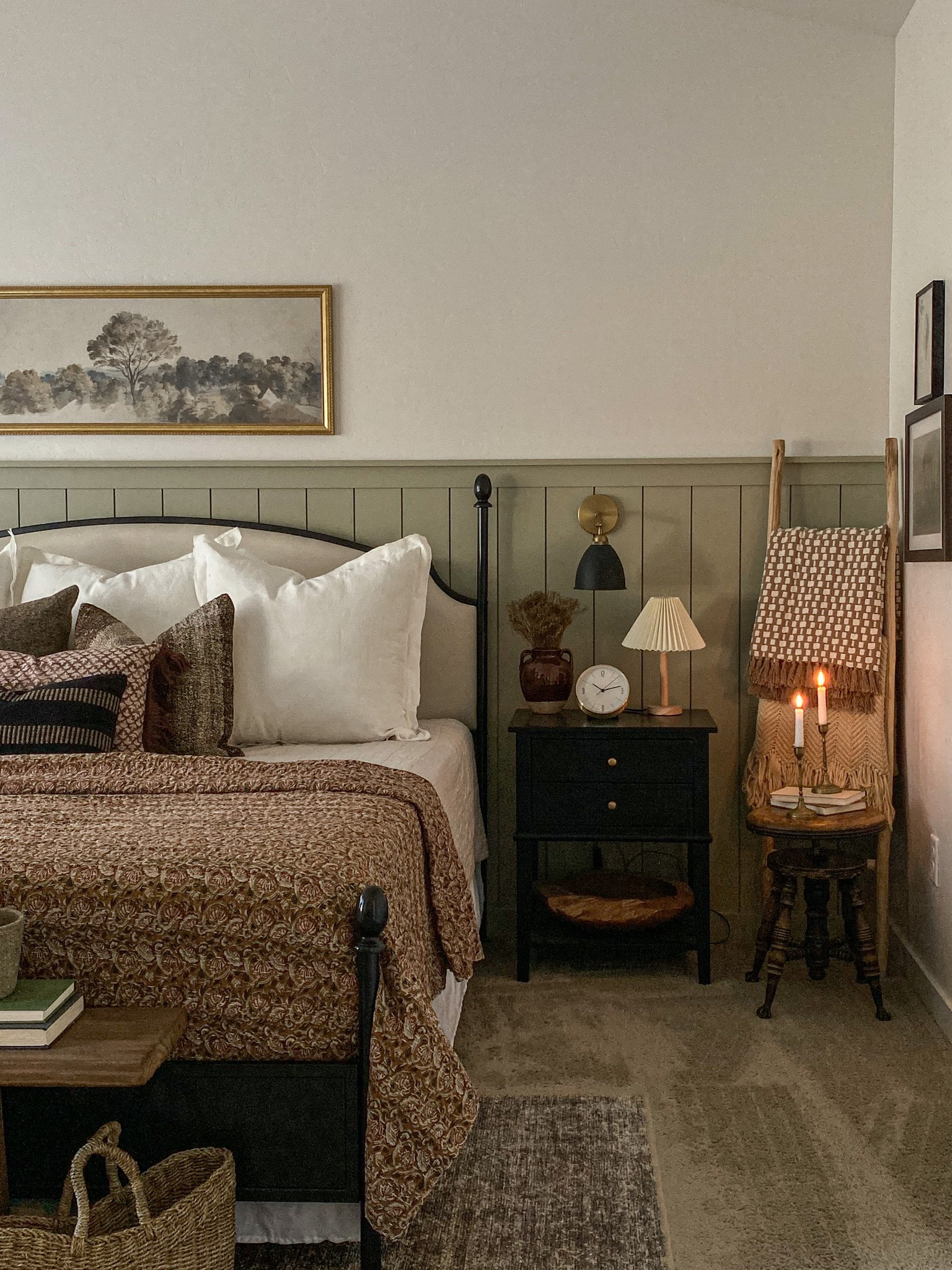 Primary bedroom, collected and vintage inspired, black accent table, wooden noodle bench, four post bed

#LTKstyletip #LTKhome #LTKFind