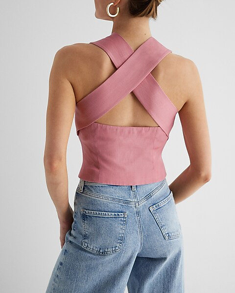 Linen-Blend Button Front Cross Back Vest | Express