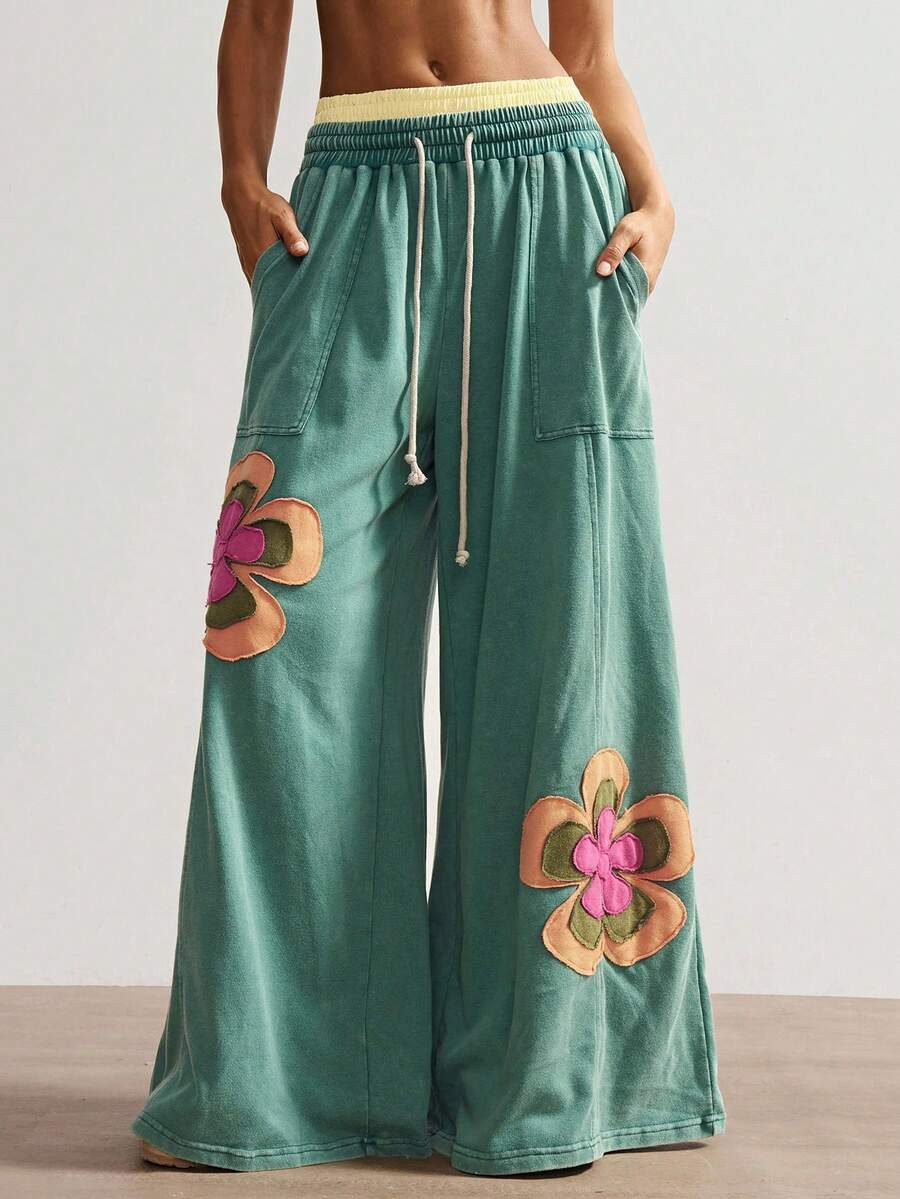 Bohemela Plus Size Women Floral Applique Drawstring Waist Pockets Wide Leg Casual Pants | SHEIN
