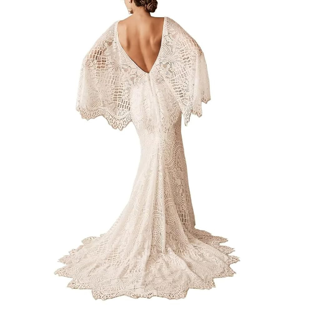 Boho Wedding Dresses for Bride Lace Mermaid Bridal Dress V Neck Cape Sleeve Beach Bohemian Vintag... | Amazon (US)