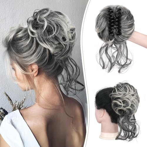 SOFEIYAN Claw Clip Messy Bun Hair Piece Curly Wavy Hair Bun Clip in Claw Chignon Ponytail Extensions Synthetic Tousled Updo with Tendrils Hairpieces Accessories Scrunchies for Women, Gray with White | Amazon (US)