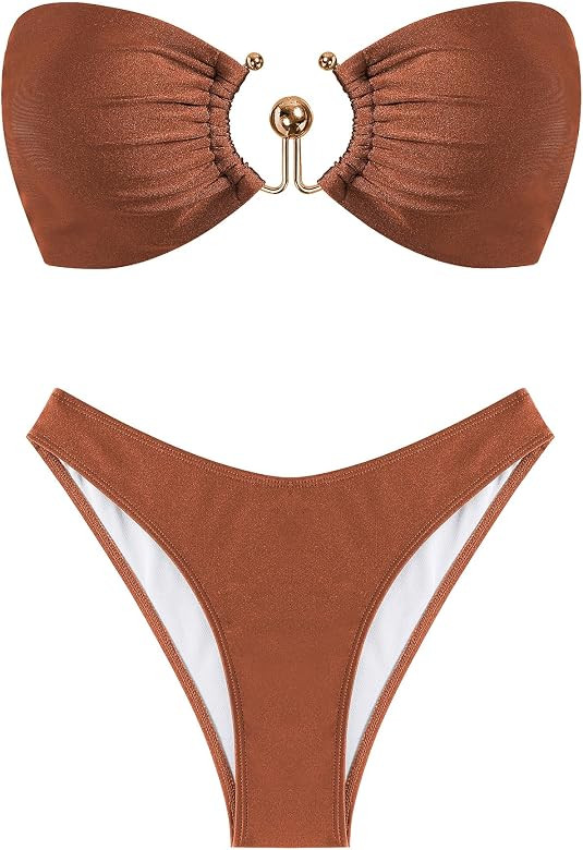 ZAFUL Womens Bandeau Bikini Set Metallic Sparkly O Ring Lace Up Tie Side High Cut Tanga Sexy Bath... | Amazon (US)