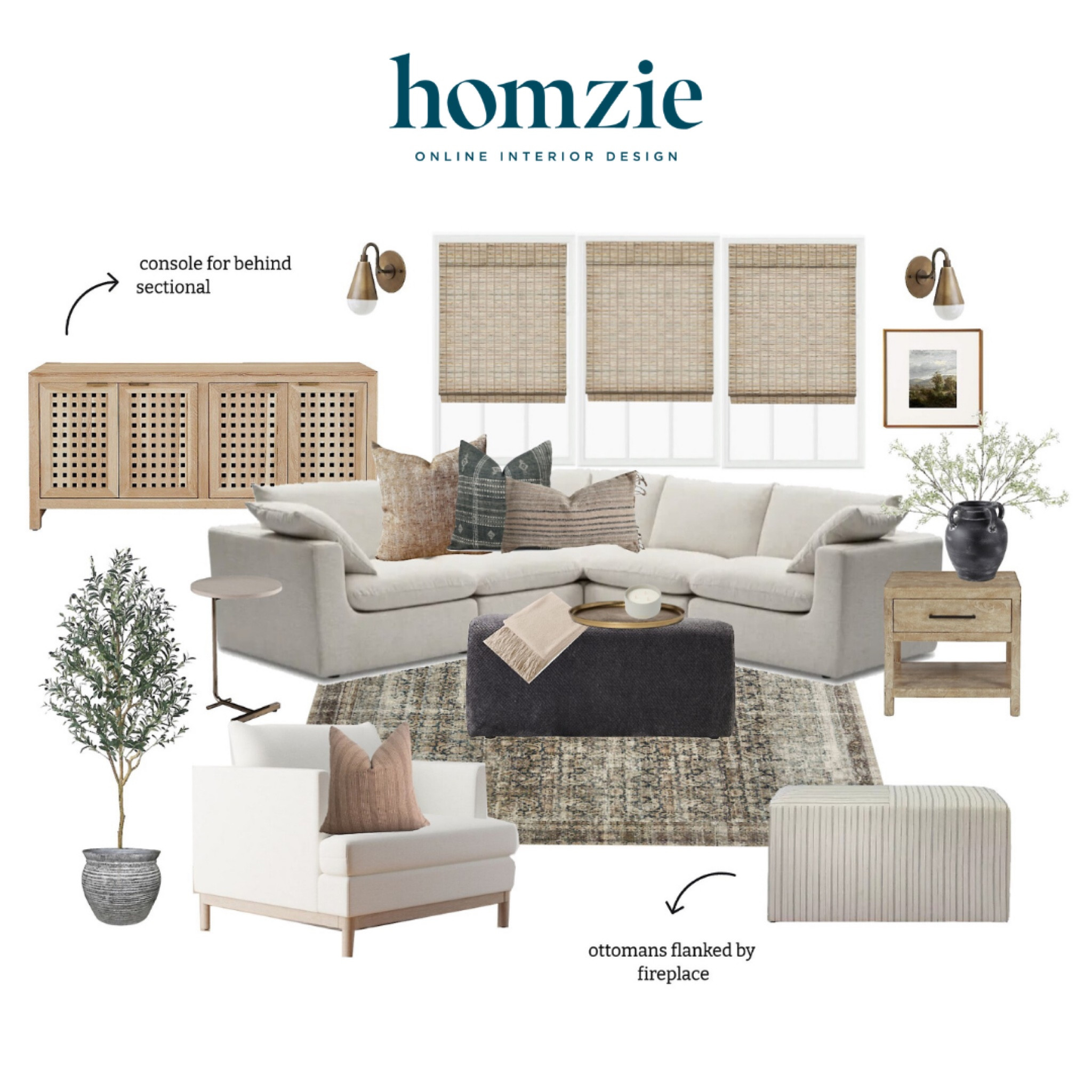 Amber interiors inspired living room! Neutral sectional, wooden console, ottomans, side table, warm neutral throw pillows 

#LTKFamily #LTKFallSale #LTKHome