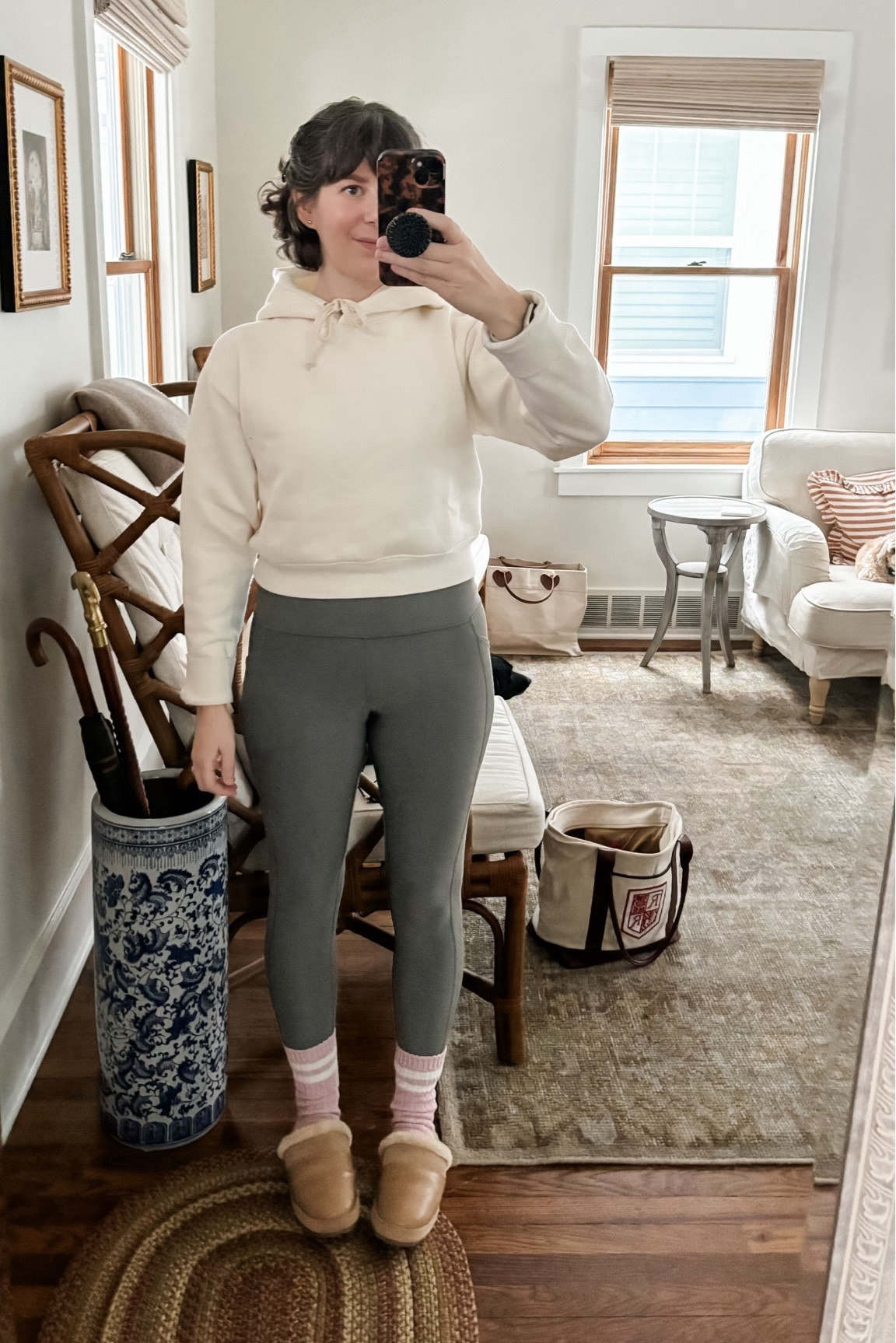 Cozy winter workout or just relaxing  outfit. I’m 5’4” wearing the 25” inseam fleece lined leggings but I also linked the 28”. I sized up to a small in the cropped hooded sweatshirt. There is no stretch and the xs felt too rigid. 

#LTKstyletip #LTKfitness #LTKover40