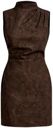 SHENHE Women's Mock Neck PU Leather Pleated Sleeveless Bodycon Sheeth Party Pencil Dress | Amazon (US)