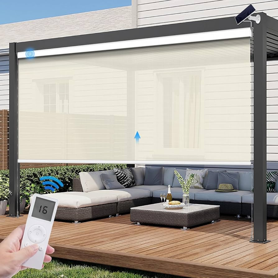 Motorized Outdoor Roller Shade with Remote Control, Light Filtering Electric Exterior Solar Shade... | Amazon (US)
