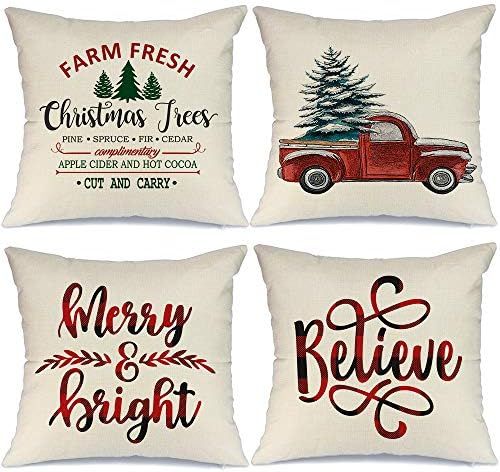 AENEY Christmas Decorations Pillow Covers 18x18 Set of 4 Marry Bright Buffalo Plaid Christmas Pil... | Amazon (US)