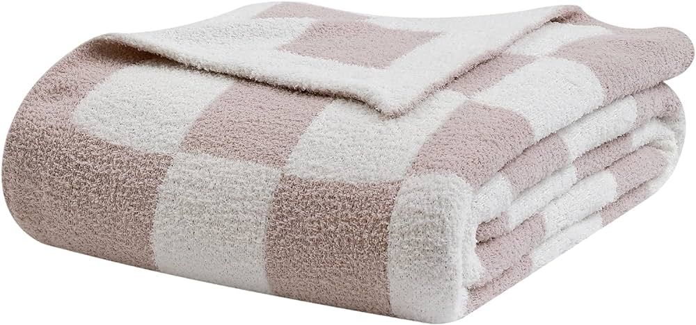 bearberry Fuzzy Checkerboard Grid Throw Blanket Soft Cozy Warm Microfiber All Season Blanket Decor for Couch Sofa Bed Travel Home (Cream, 50''x60'') | Amazon (US)