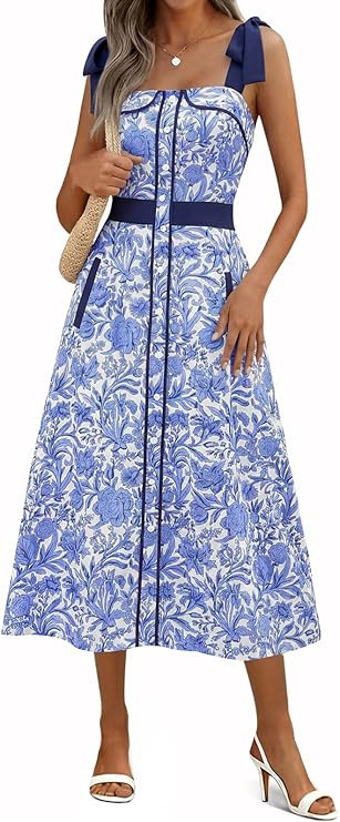 Wenrine Womens Summer Floral Midi Dress Casual Tie Strap Sleeveless Smocked Button Boho Flowy Bea... | Amazon (US)