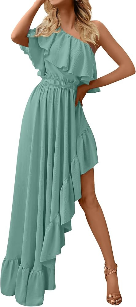ZESICA Women's 2023 Summer Boho One Shoulder Sleeveless Ruffle Asymmetrical High Low Flowy Prom Gown | Amazon (US)