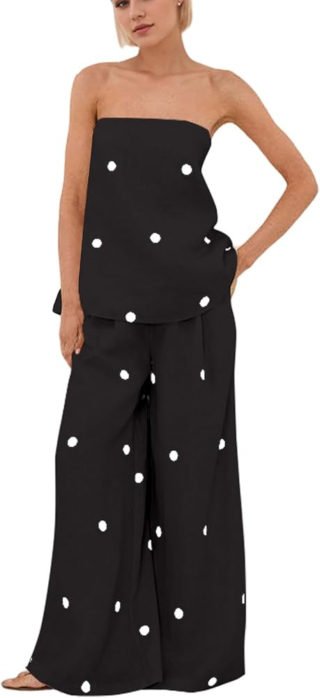 Women Polka Dot 2 Piece Outfits Spot Strapless Tube Top High Waist Wide Leg Pants Lounge Set Summ... | Amazon (US)