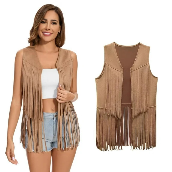 Women's Fringe Vest Sleeveless Faux Suede Tassel Leather Jacket Cardigan | Walmart (US)
