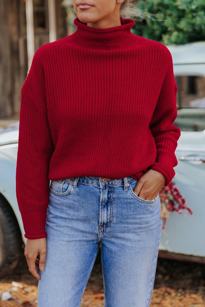 Women's Slouchy Red Rolled Mock Neck Sweater | Magnolia Boutique