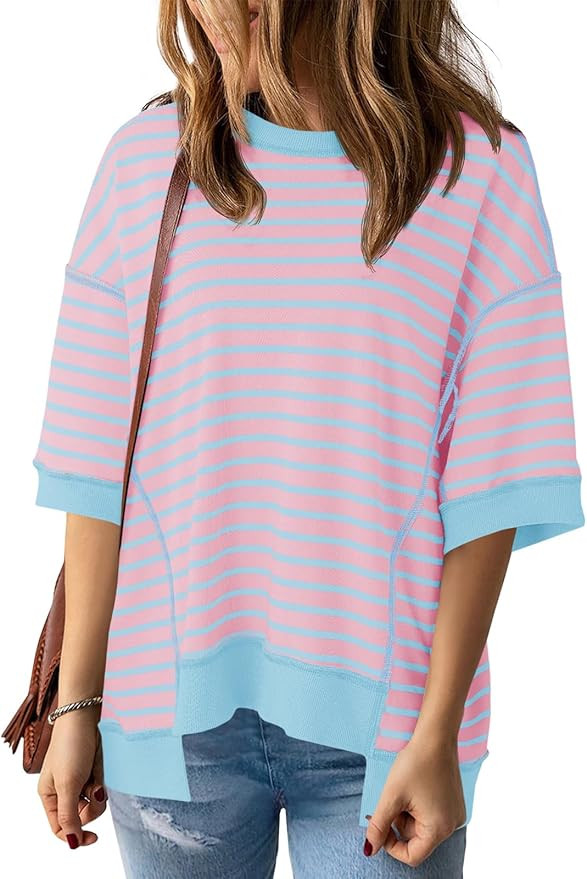 Tankaneo Womens Oversized T Shirts Striped Casual Summer Color Block Loose Fit Half Sleeve Cotton... | Amazon (US)