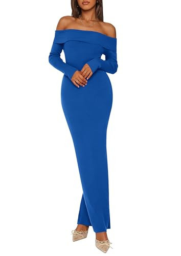 PRETTYGARDEN Women's 2025 Fall Sweater Dress Long Sleeve Off Shoulder Slit Maxi Bodycon Cocktail Party Dresses (Royal Blue,XX-Large) | Amazon (US)