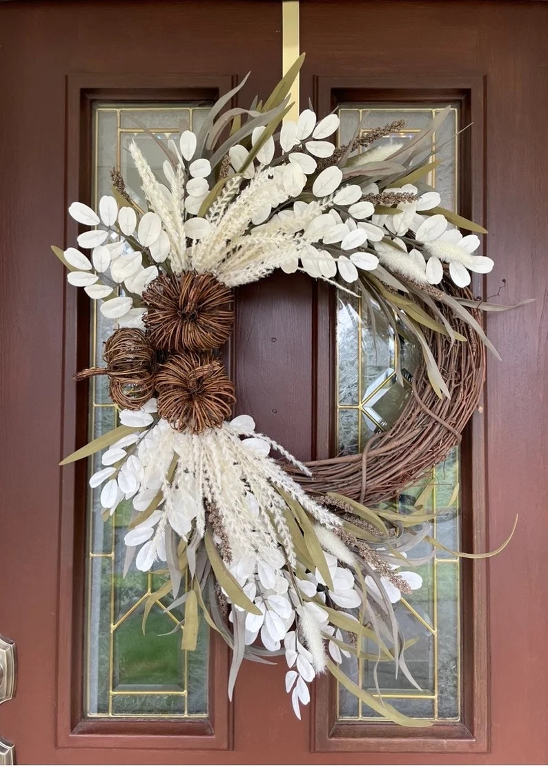 Neutral Beige Fall Wreath for Front Door Boho Pampas Grass - Etsy | Etsy (US)