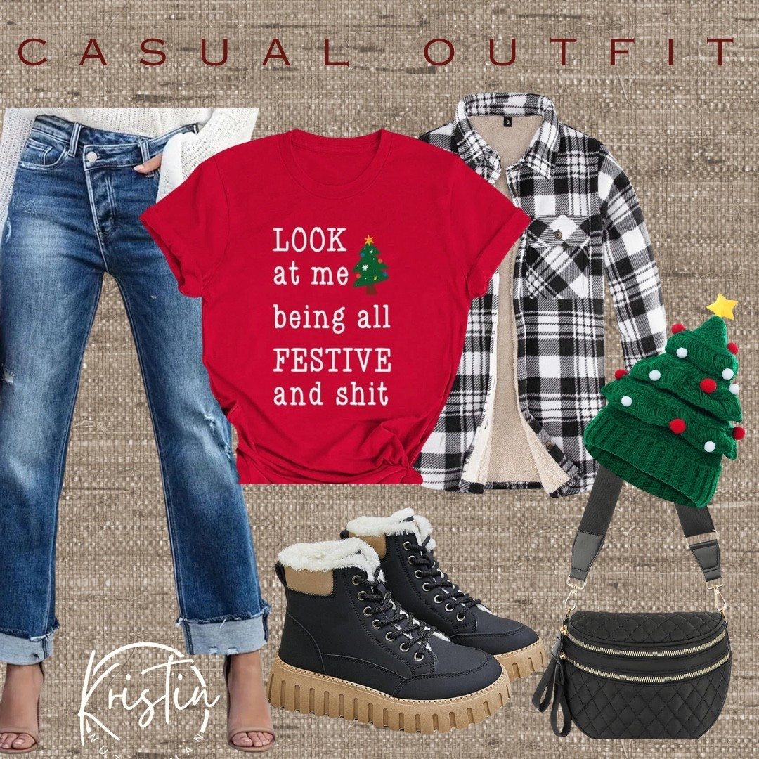 Spreading holiday cheer in my festive tee and cozy boots. Perfect for chilly days! 🎄👢!    I love this look!  

#LTKStyleTip #LTKSeasonal #LTKHoliday