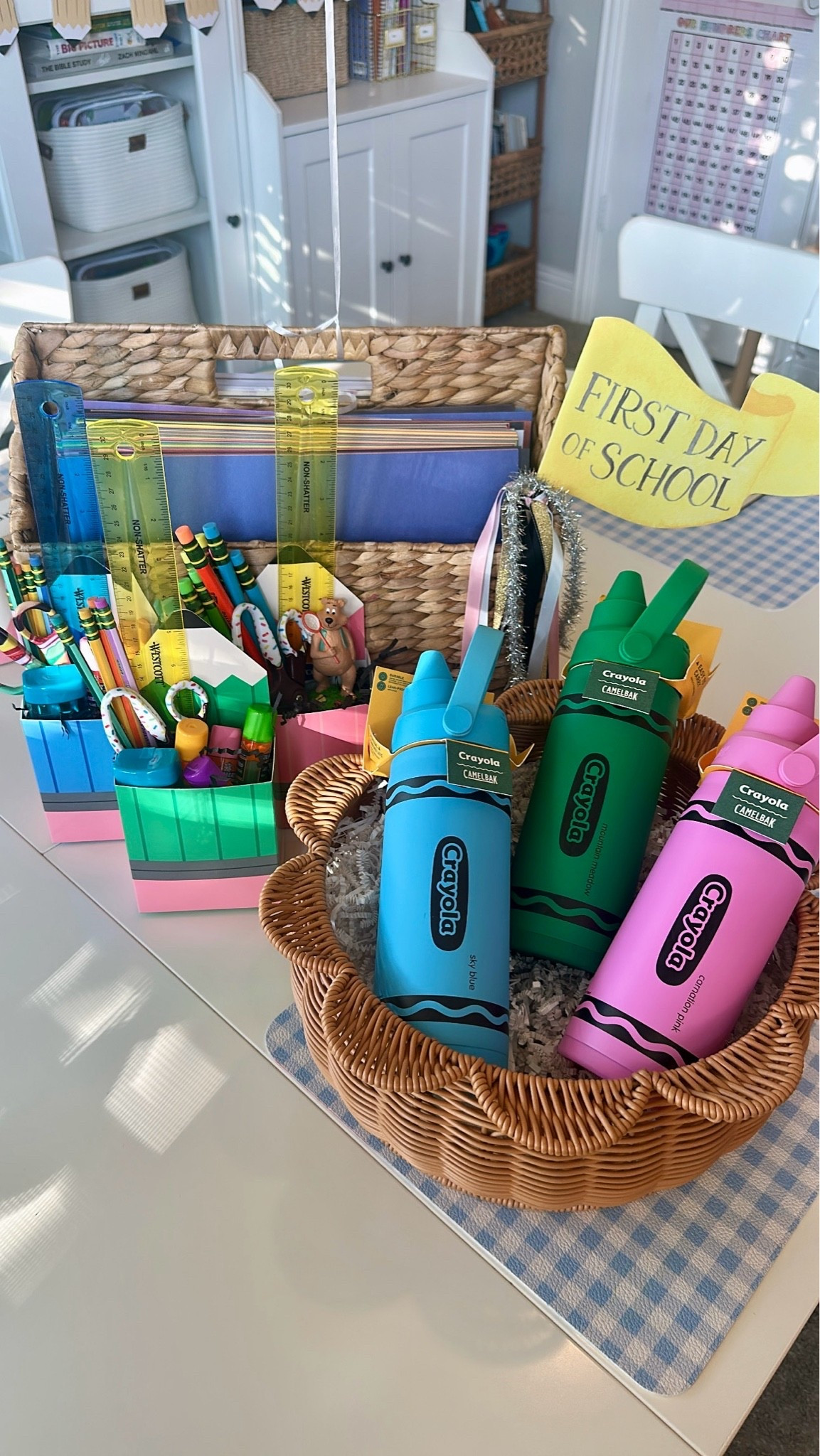 First Day of Homeschool! Ready for 2nd Grade + Kinder with my boys and for little sis to tag along for the fun! 🩵🩵🩷 #homeschool #homeschoolmom #schoolsupplies #schoolroom #homeschoolroom