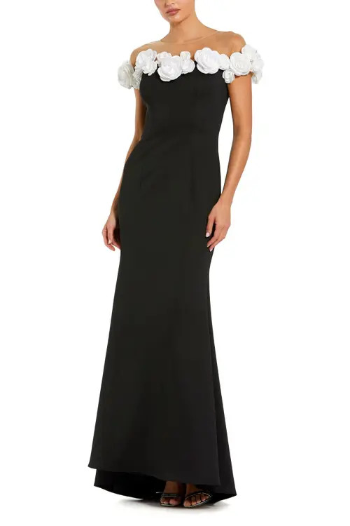 Mac Duggal Stretch Crepe Mermaid Gown With 3D Flowers in Black Cream at Nordstrom, Size 10 | Nordstrom