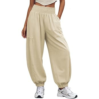 UANEO Womens Baggy Pants Pull On Cotton Linen Smocked Elastic Waist Tapered Relaxed Harem Trouser... | Amazon (US)