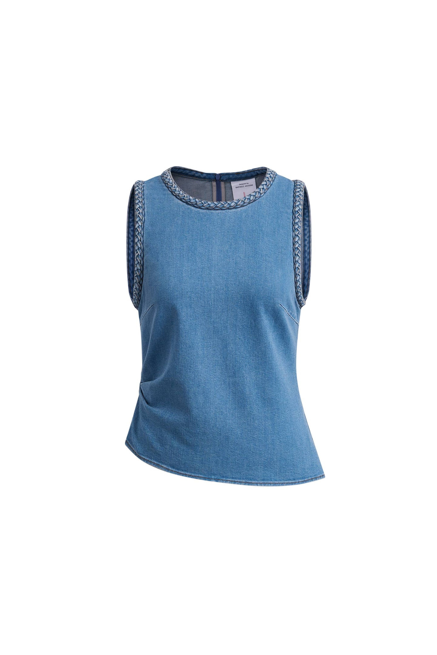 Riley Gevlochten Rand Denim Tank in Lichtgewicht Stretch Denim | Fabrique