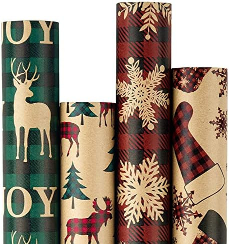RUSPEPA Christmas Wrapping Paper, Kraft Paper - Red and Green Plaids Style Designs - 4 Rolls - 30... | Amazon (US)