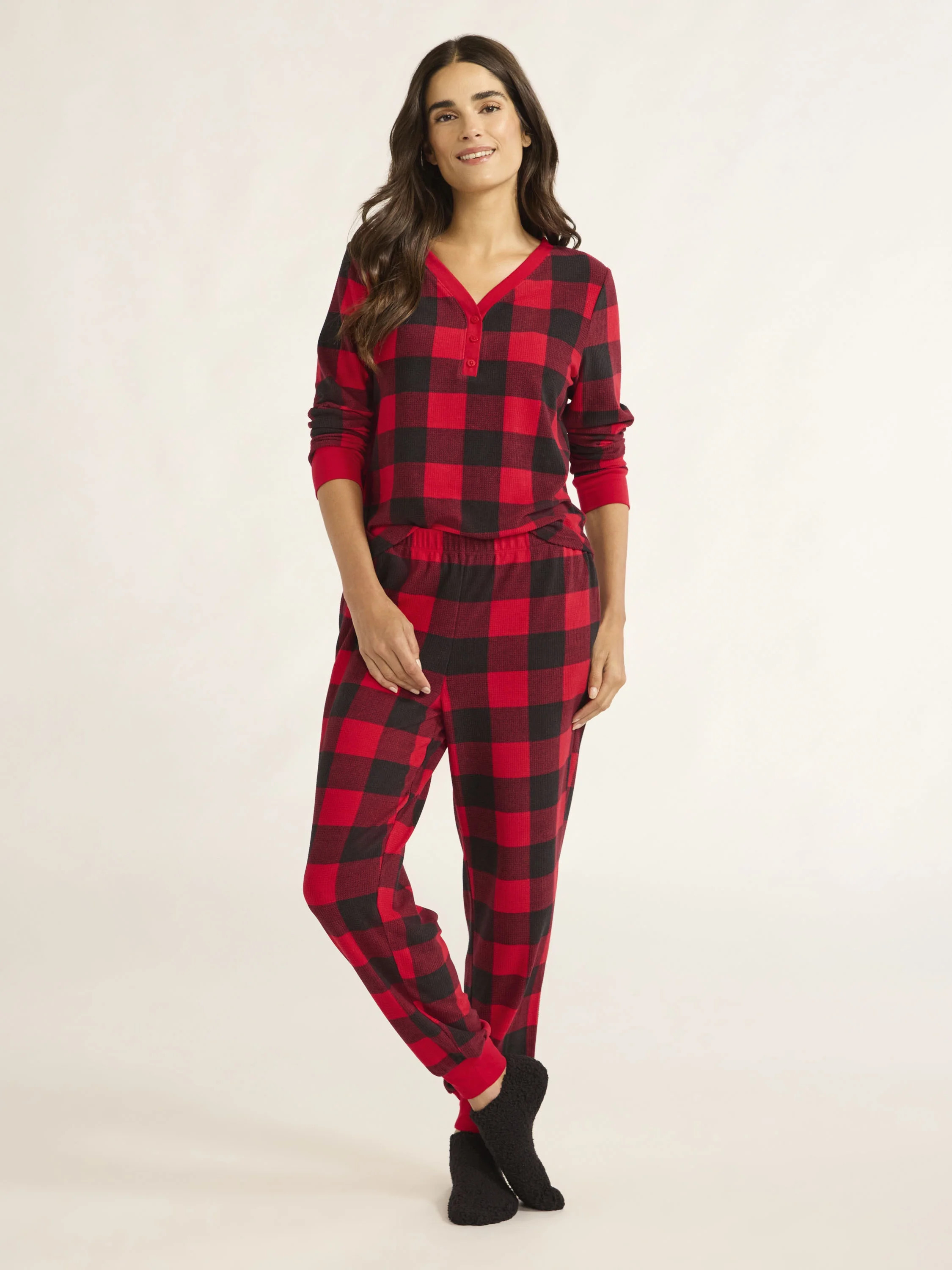 Joyspun Women's Velour Waffle Henley Sleep Top, Jogger Pants and Socks Pajama Set, 3-Piece, Sizes... | Walmart (US)