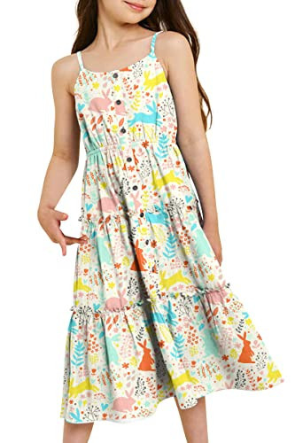 Enlifety Easter Dresses for Girls 7 8 Spring Summer Bunny Festival Party Dress Button Pleated Sundress with Adjustable Straps | Amazon (US)