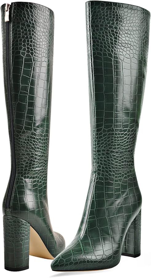 LISHAN Women's Snakeskin Chunky 4in Heel Crocodile Pull On Mid Calf Boots | Amazon (US)