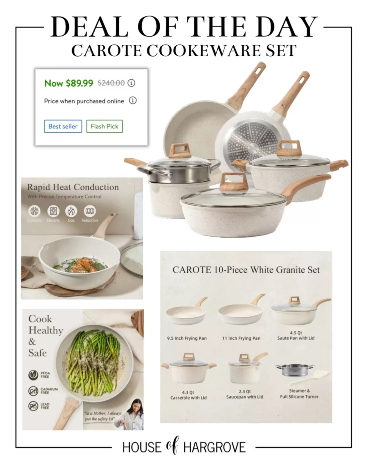 Carote Pots and Pans Set Nonstick Cookware 10 Piece White Granite