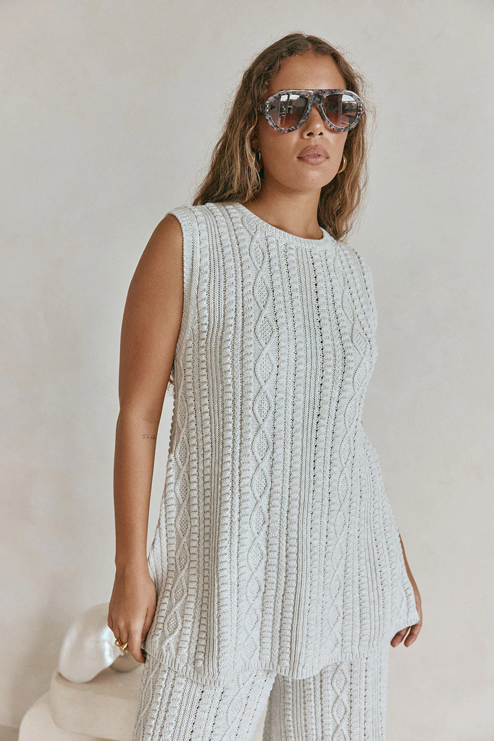Grey Cable Knit Boxy Longline Kiri Top | Sabo Skirt AU