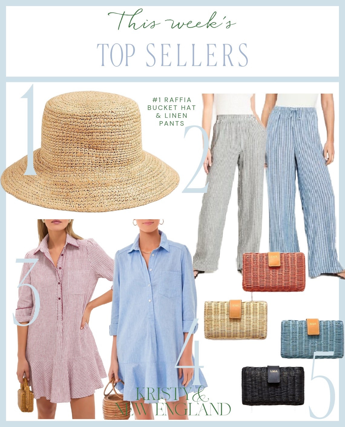 Top Sellers this Week #1 Raffia Bucket Hat #2 Striped Linen Pants #3 Red Stripe Dress #4 Blue Chambray Dress #5 Wicker Clutch

#LTKSummerEdit #LTKSaleAlert #LTKItBag