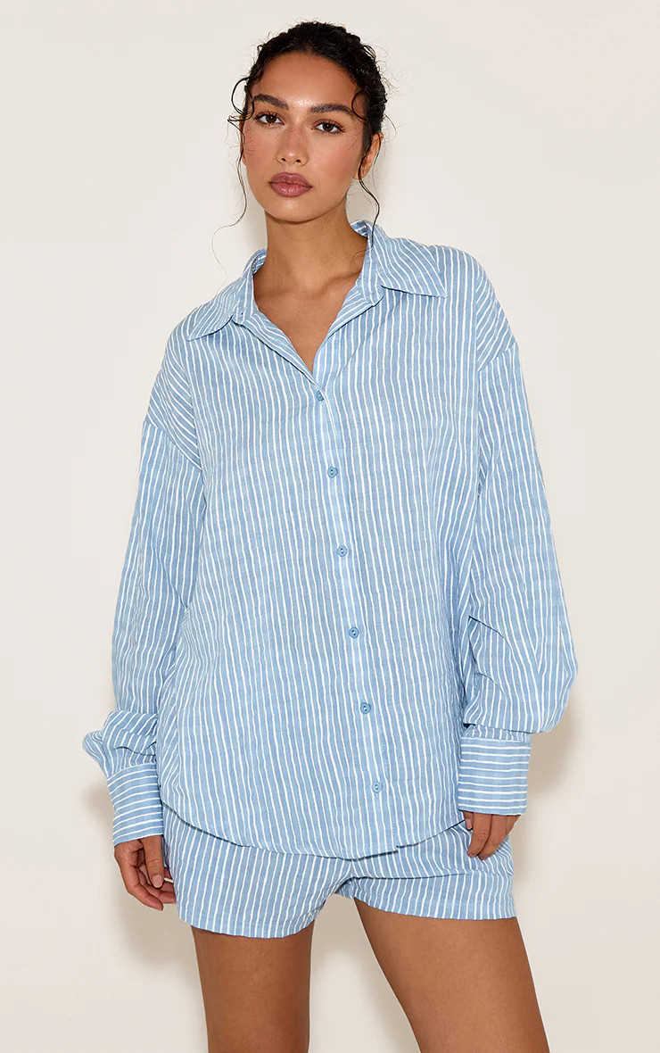 Blue Striped Linen Long Sleeve Shirt | Co-ords | PrettyLittleThing UK