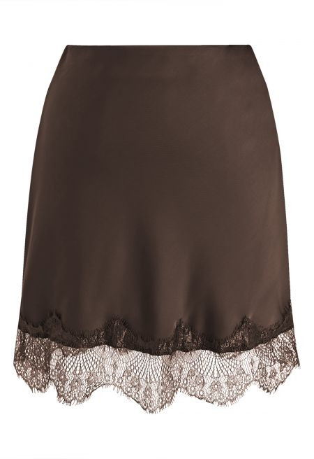 Silky Scalloped Lace Trim Satin Mini Skirt in Chocolate Brown for Brunch Dates & Weekend Outings | Chicwish