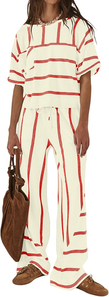 HOCANDY Womens Striped Lounge Set Rolled Short Sleeve Tops and Wide Leg Pants Oversized Vacation ... | Amazon (US)