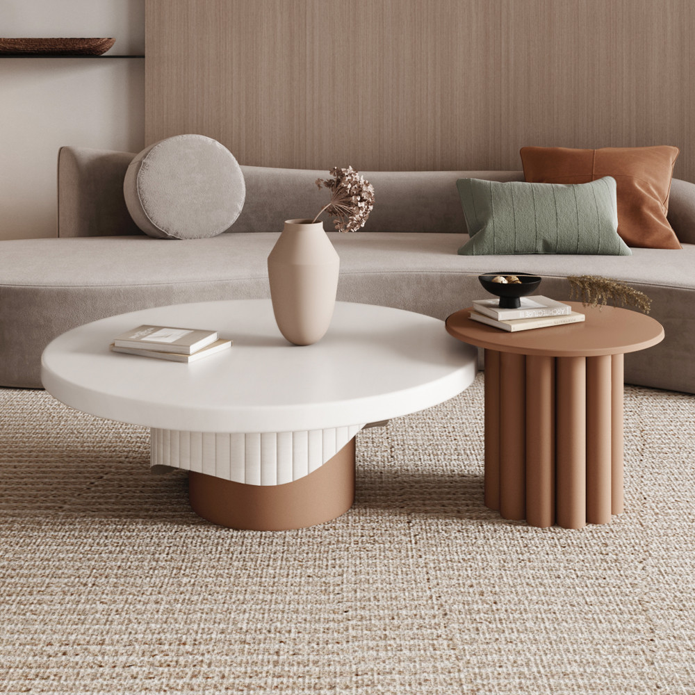 Yarnic 2-Piece Round Wood Coffee Table Set with Fluted Base in White & Walnut | Homary